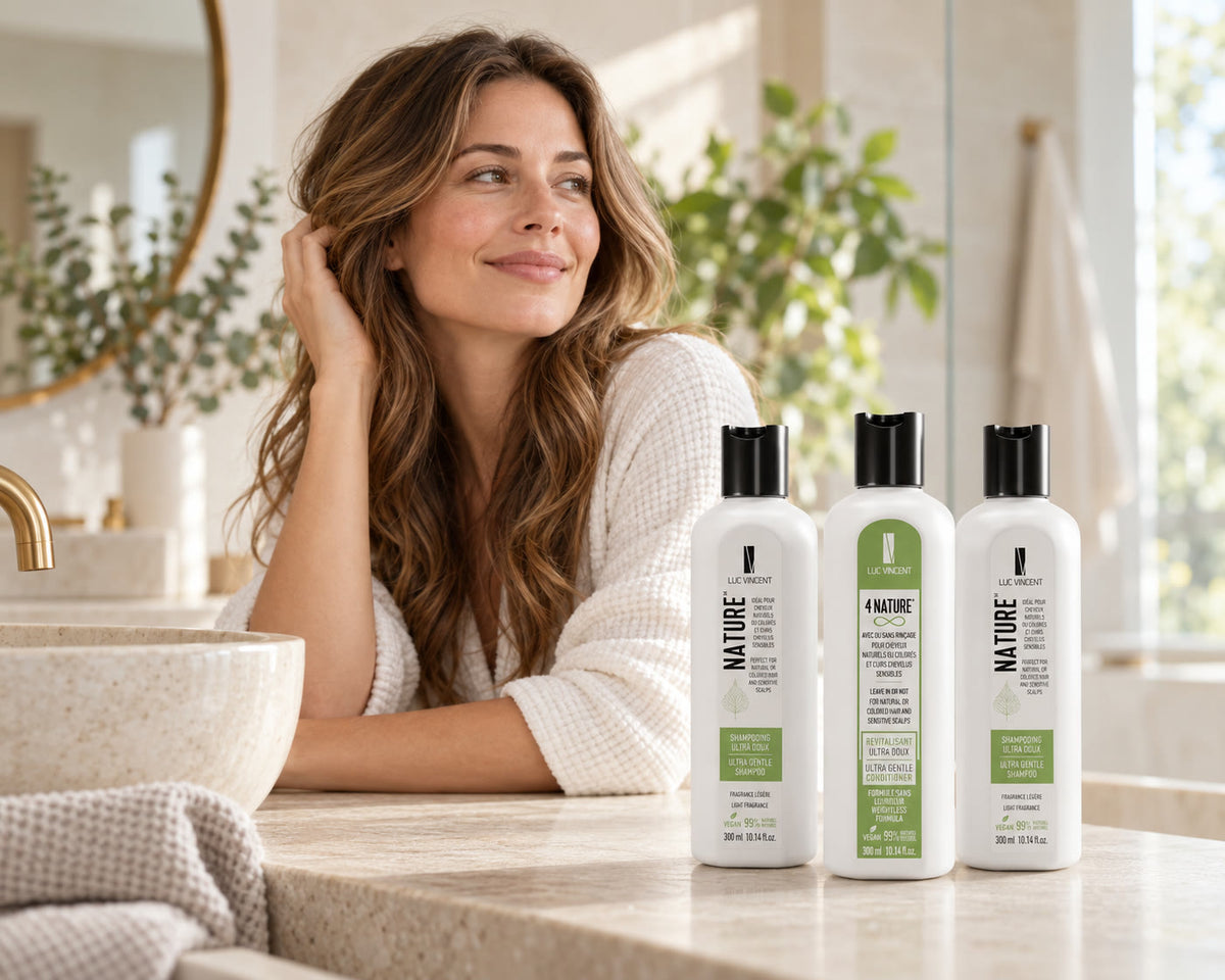 Femme aux cheveux soignés avec le coffret ou l’ensemble Luc Vincent