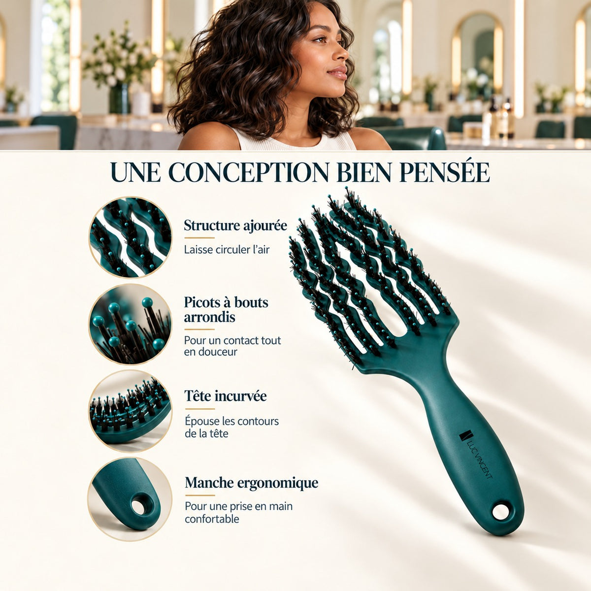 Une conception bien pensée : structure ajourée, picots à bouts arrondis, tête incurvée, manche ergonomique
