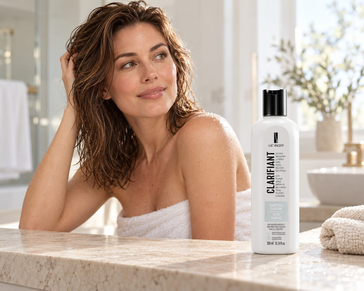 Femme aux cheveux soignés avec le produit Luc Vincent