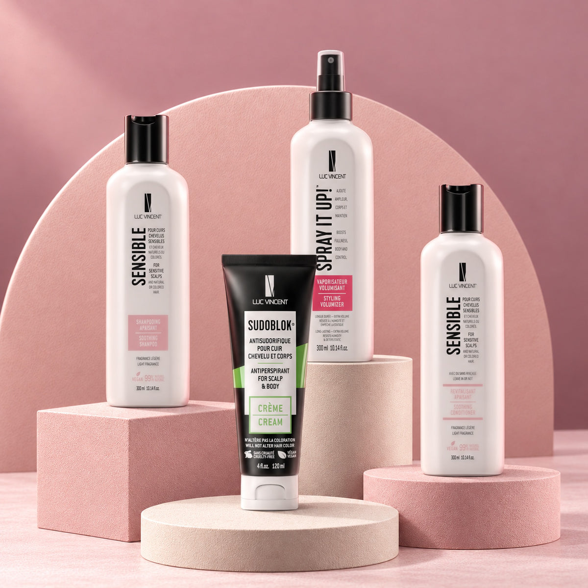 Ensemble Le Quotidien Luc Vincent : Sensible shampooing et revitalisant, Spray it up! et Sudoblok