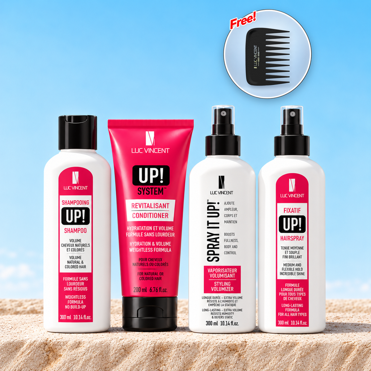 Up! Set by Luc Vincent: shampoo, conditioner, Spray it up! and hairspray, with a free comb