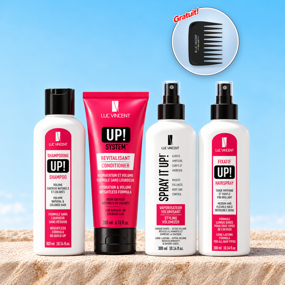 Ensemble Up! Luc Vincent : shampooing, revitalisant, Spray it up! et fixatif, avec peigne offert