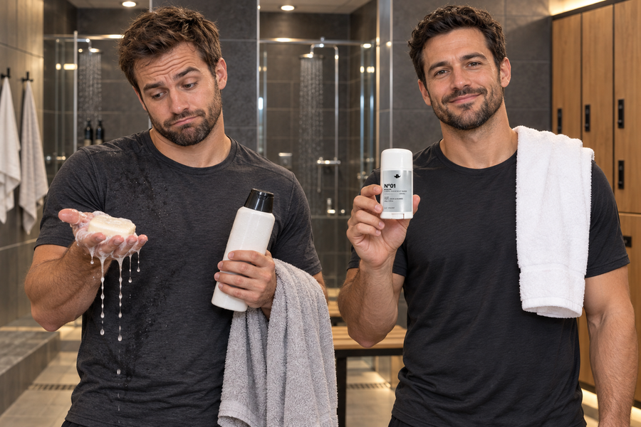 Deux hommes au vestiaire : l’un avec un savon qui fond, l’autre avec le savon en barre N°01