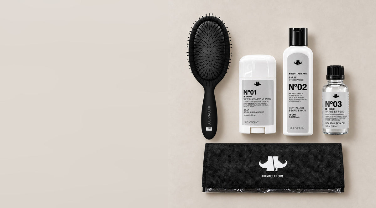 Essentiel Masculin : brosse, savon N°01, revitalisant N°02, huile N°03 et sac de transport