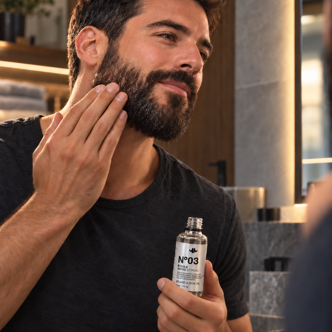 Homme qui applique l’huile N°03 sur sa barbe