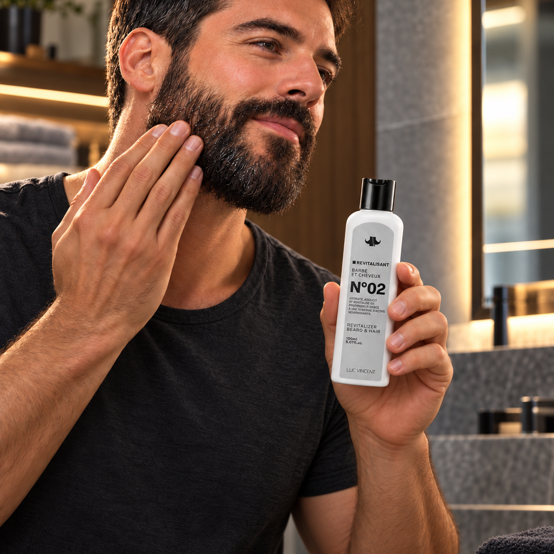 Homme qui applique le revitalisant N°02 dans sa barbe