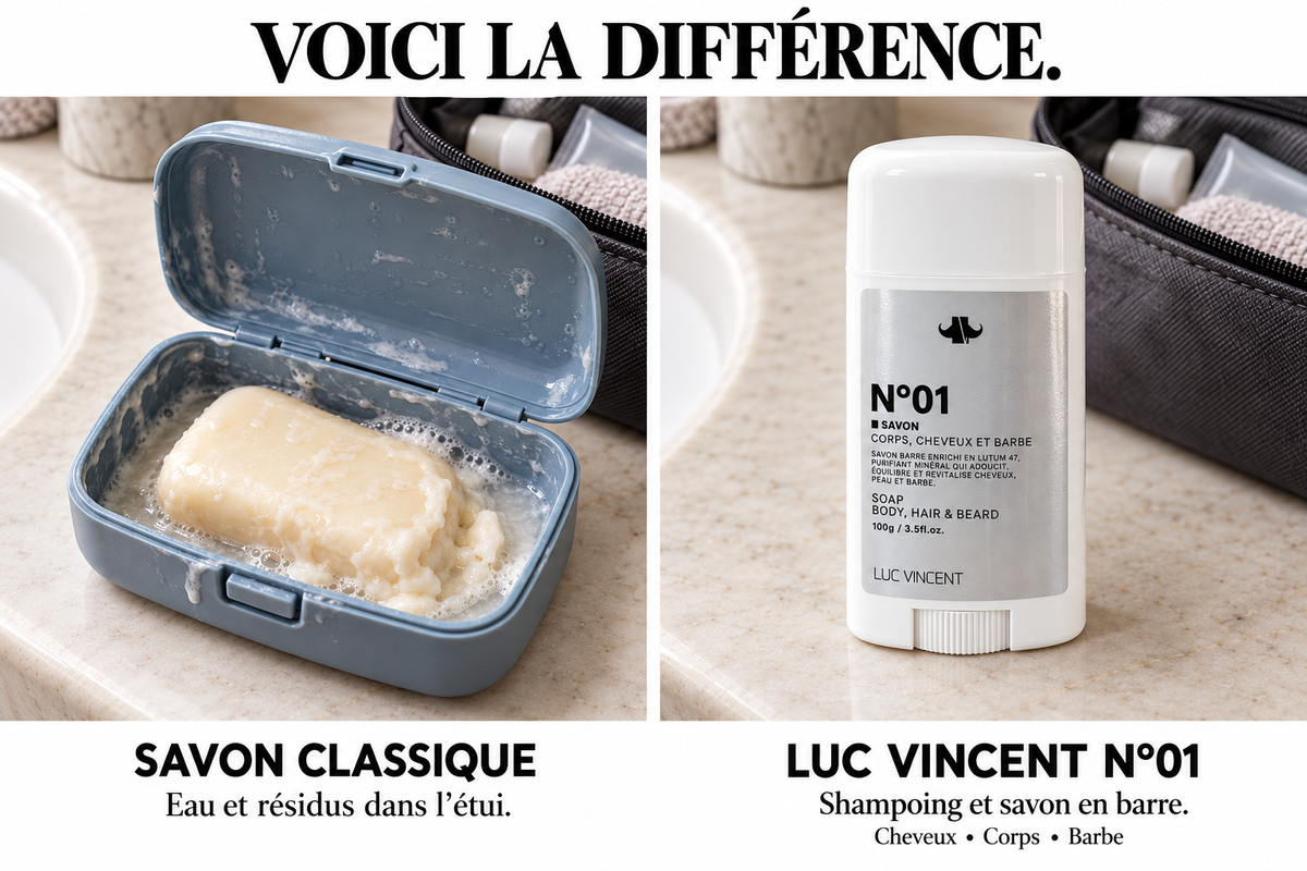 Savon classique dans son étui avec de l’eau et des résidus, à côté du savon en barre N°01