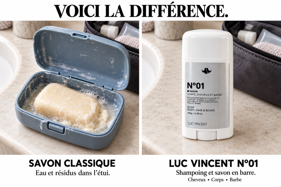 Savon classique dans son étui avec de l’eau et des résidus, à côté du savon en barre N°01
