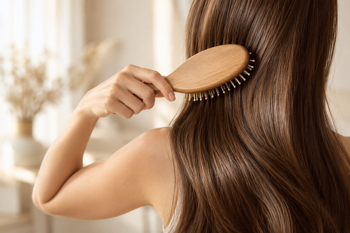 Une brosse en bois glisse dans de longs cheveux lisses et brillants