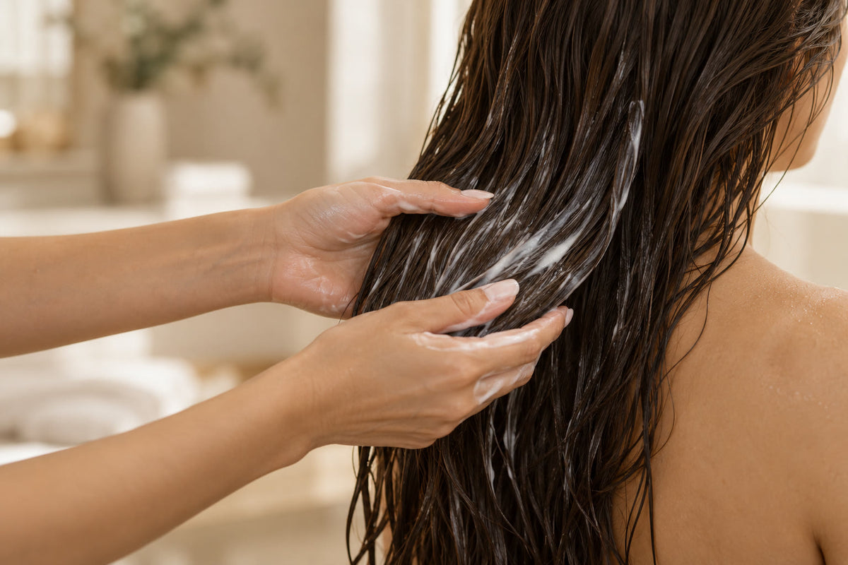 Mains qui appliquent un revitalisant sur des cheveux longs mouillés