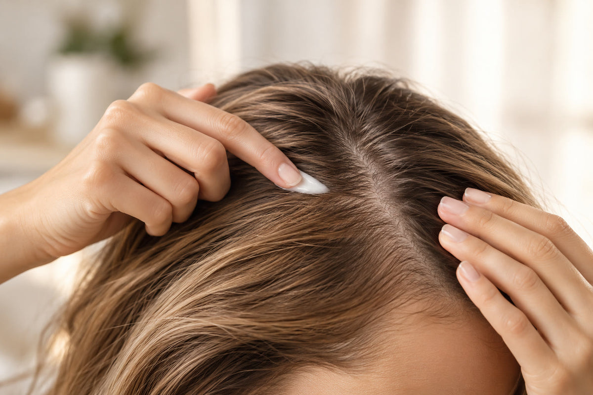 Un doigt applique une petite quantité de crème à la racine des cheveux