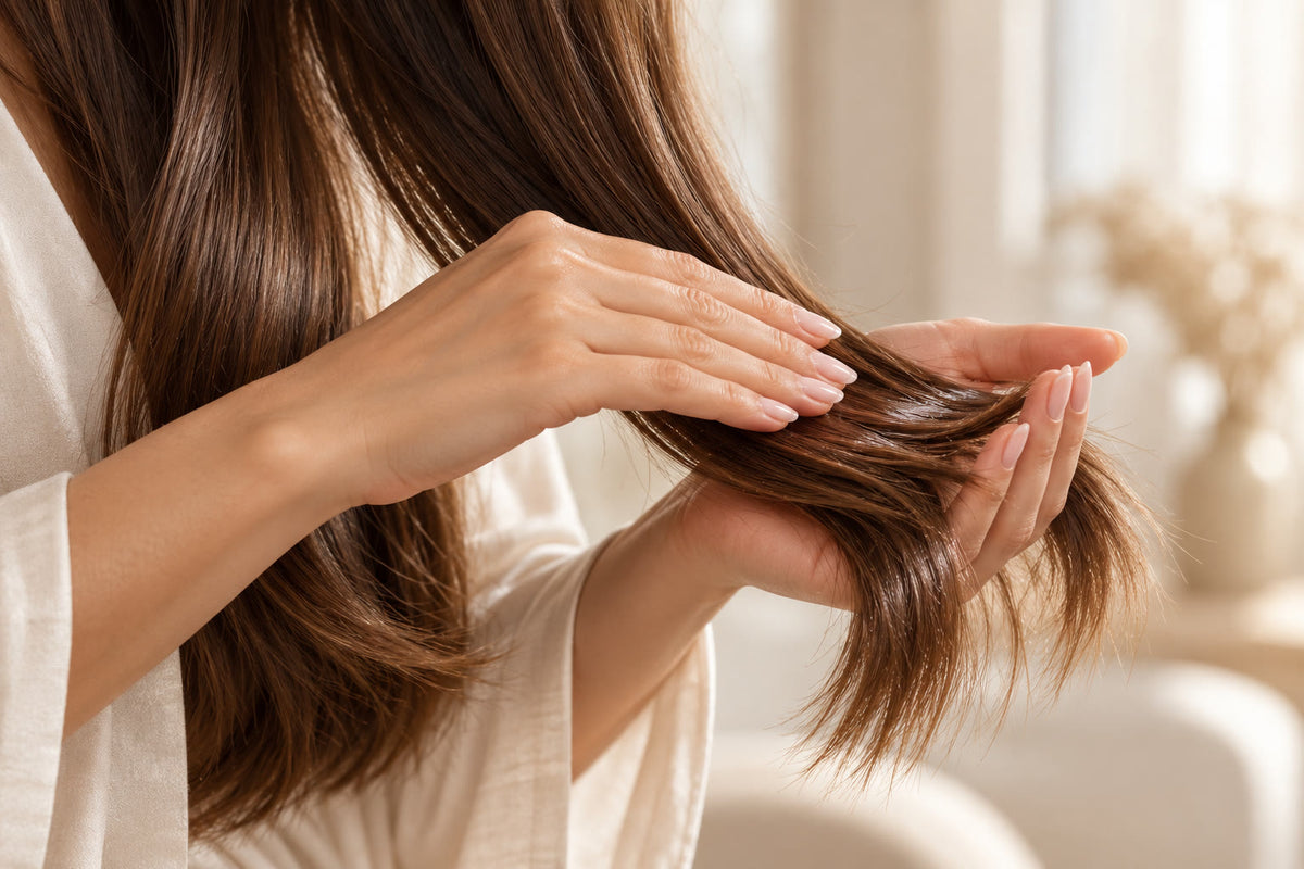 Doigts qui lissent un sérum sur les pointes de cheveux brillants