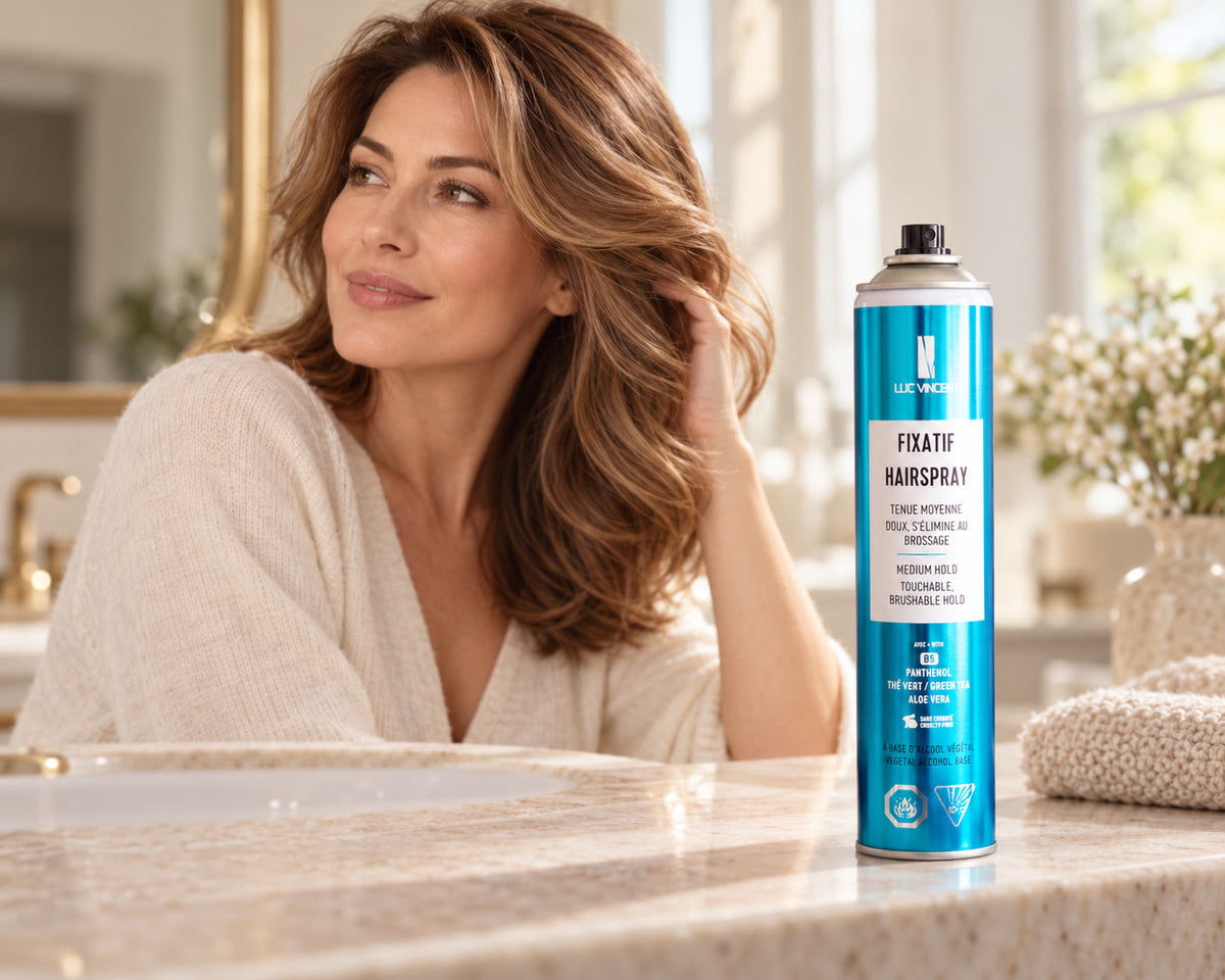 Femme aux cheveux soignés avec le produit Luc Vincent