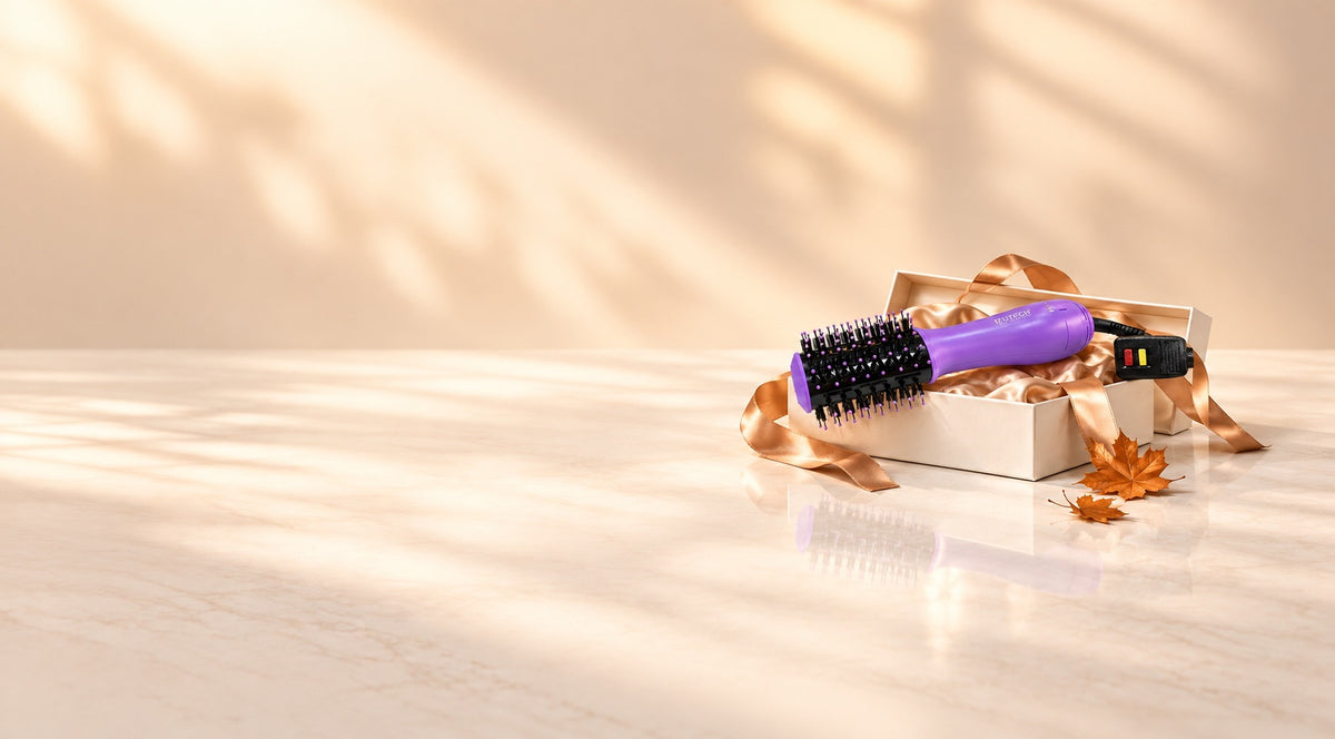 Brosse-séchoir portable violette dans une boîte-cadeau, avec une feuille d'automne