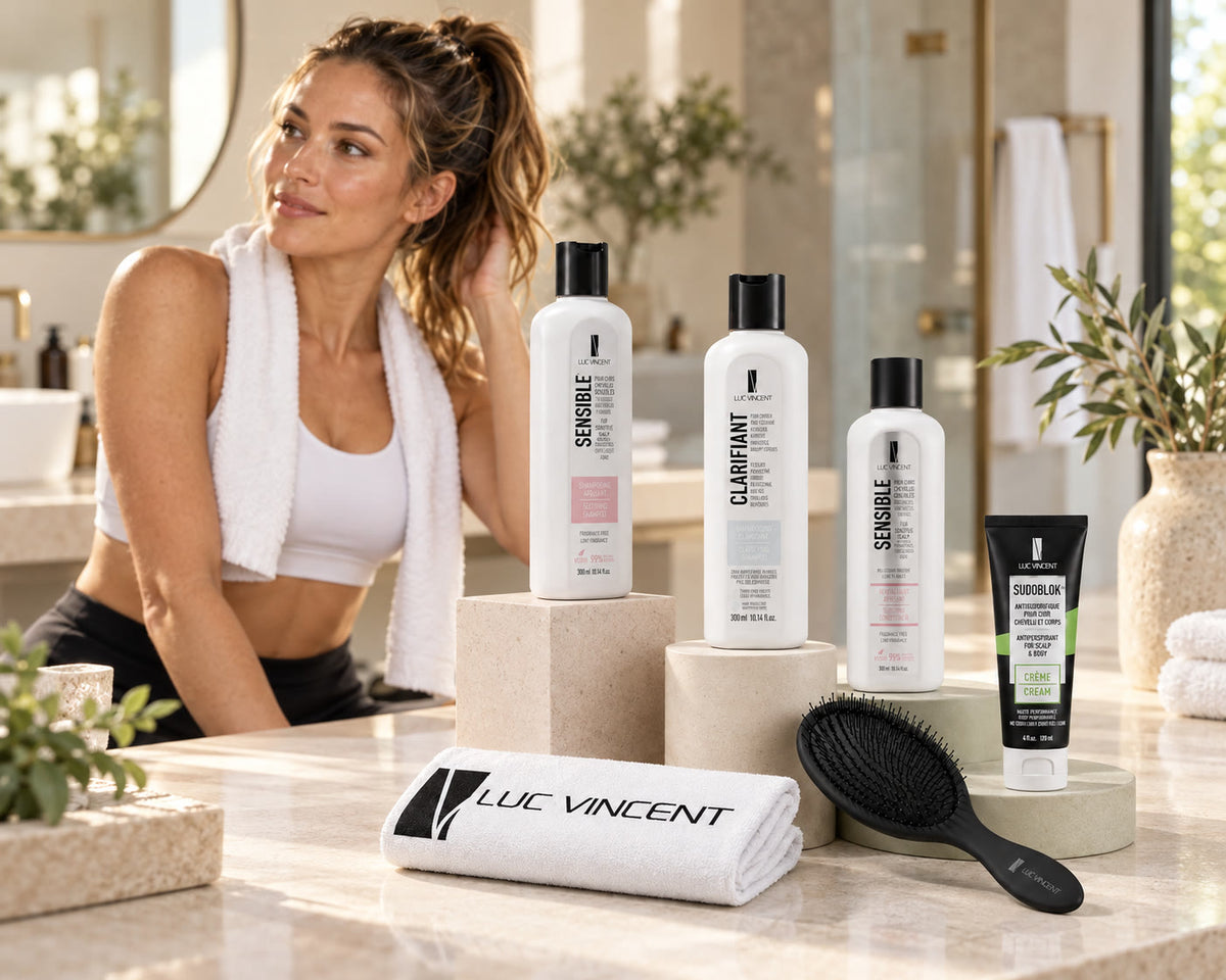 Femme aux cheveux soignés avec le coffret ou l’ensemble Luc Vincent
