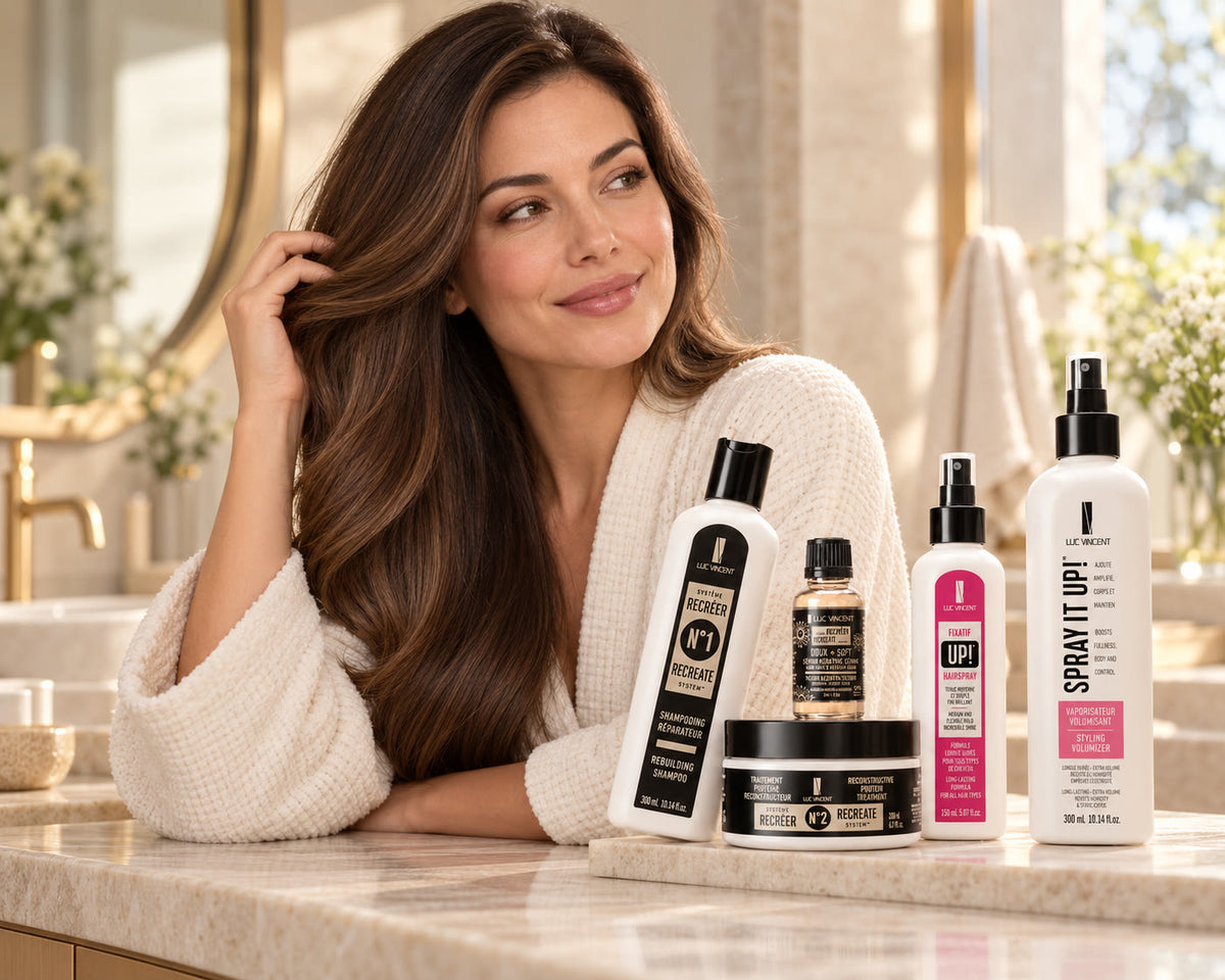 Femme aux cheveux soignés avec le coffret ou l’ensemble Luc Vincent