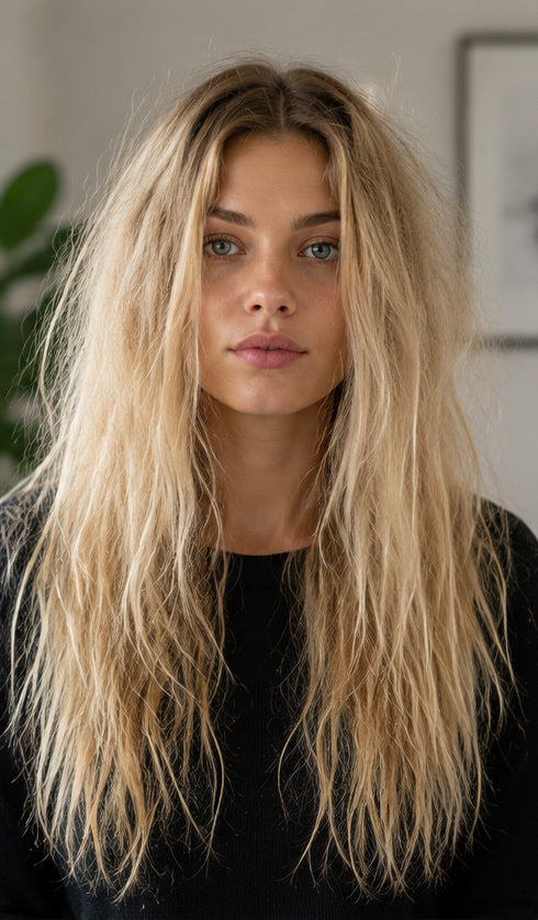 Cheveux blonds abîmés et secs
