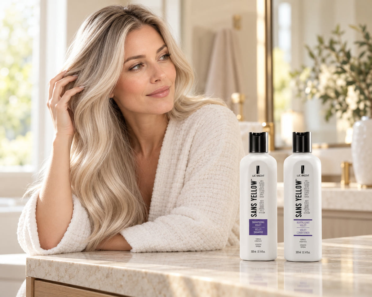 Femme aux cheveux soignés avec le coffret ou l’ensemble Luc Vincent