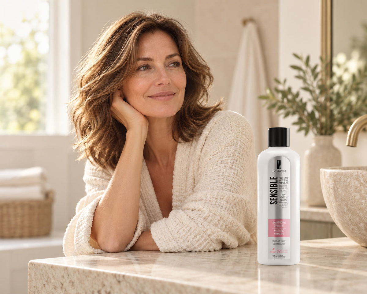 Femme aux cheveux soignés avec le produit Luc Vincent