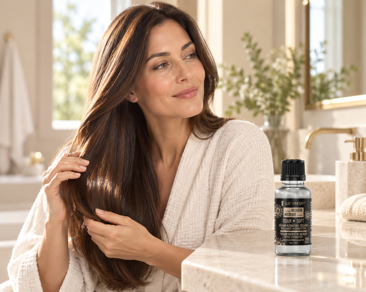 Femme aux cheveux soignés avec le produit Luc Vincent