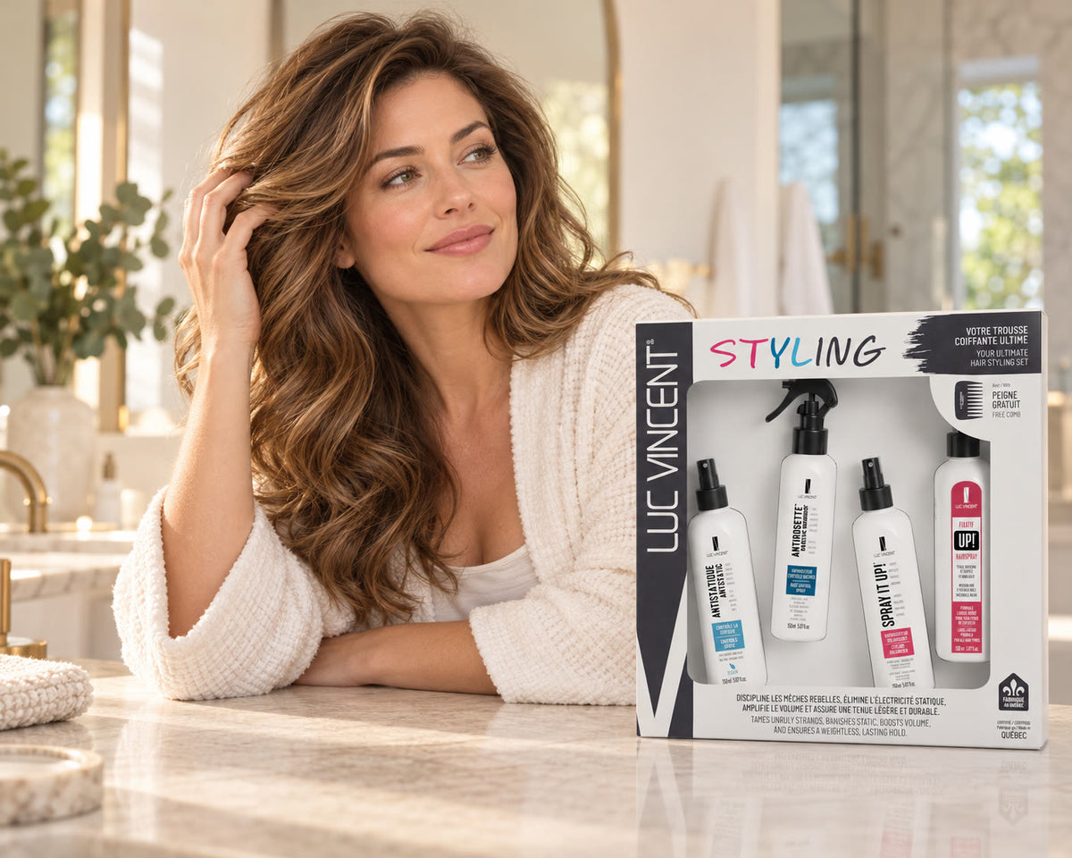 Femme aux cheveux soignés avec le coffret ou l’ensemble Luc Vincent