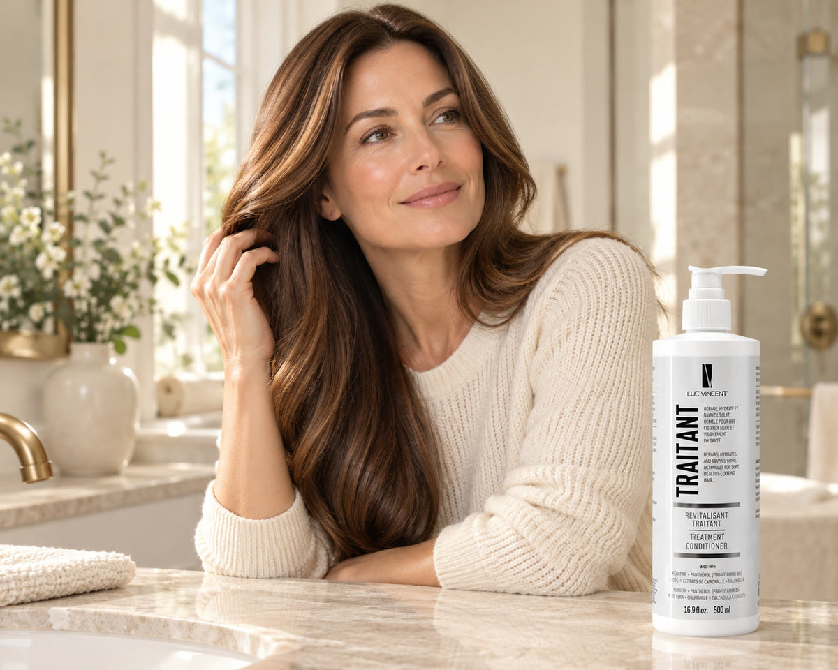 Femme aux cheveux soignés avec le produit Luc Vincent